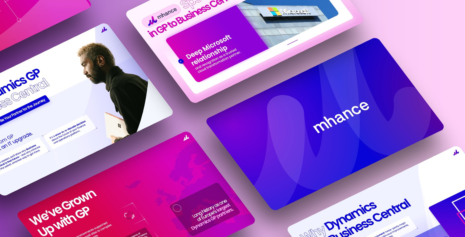 Digital marketing slides featuring mhance branding and Microsoft partnership visuals with vibrant purple and pink tones.