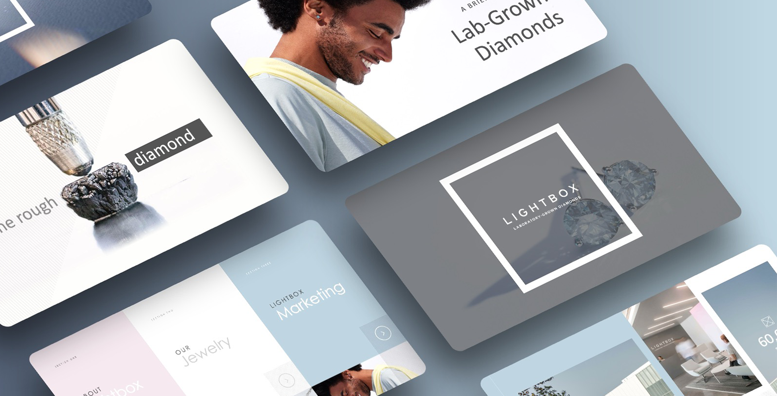 Collage showing lab-grown diamond marketing materials, including rough diamond, logo, and a smiling man.