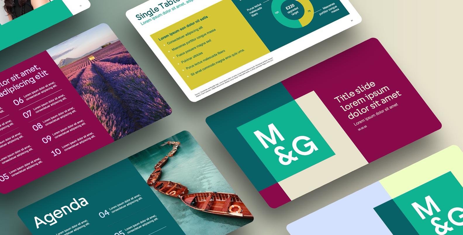 Tilted presentation slides with text, photos of boats on water and a lavender field, and M&G logo.