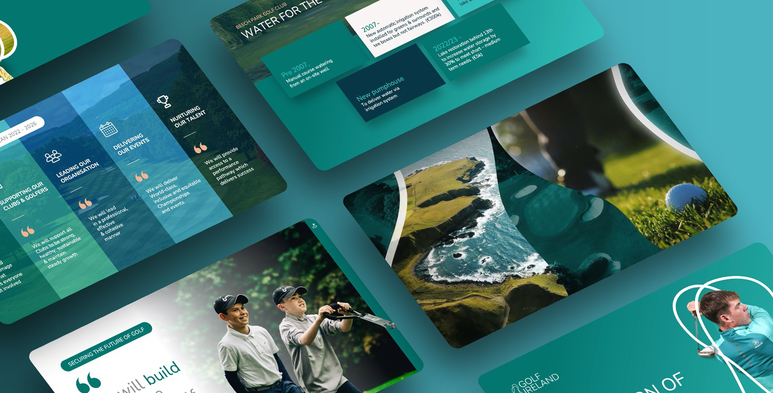 Collage includes golf course aerial, golfers swinging, and text on golf event plans and talent nurturing.