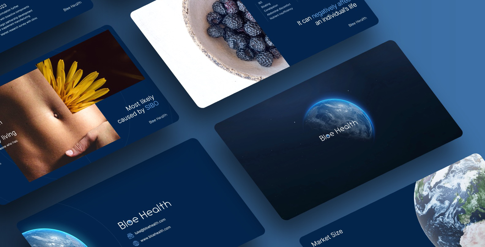Collage of Bloe Health marketing cards with Earth, a stomach, blackberries, and contact info on blue backgrounds.