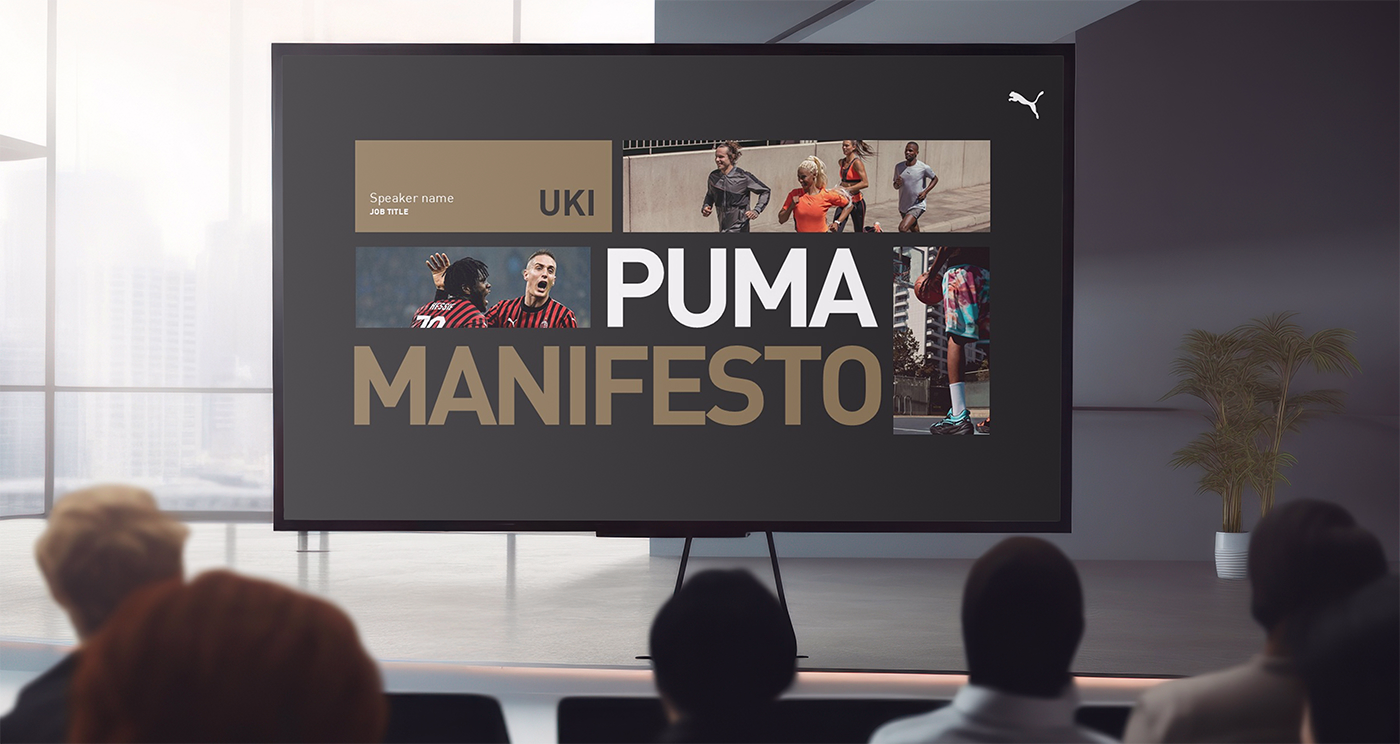 Audience watching a presentation screen displaying 'PUMA MANIFESTO' with sports images and Puma logo.
