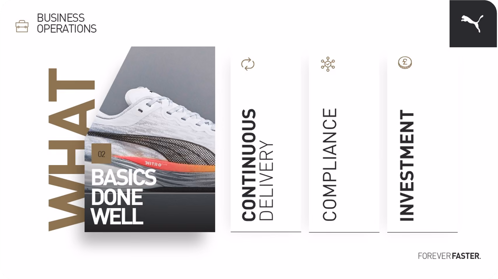 Puma business operations image with white running shoe and words basics done well, continuous delivery.
