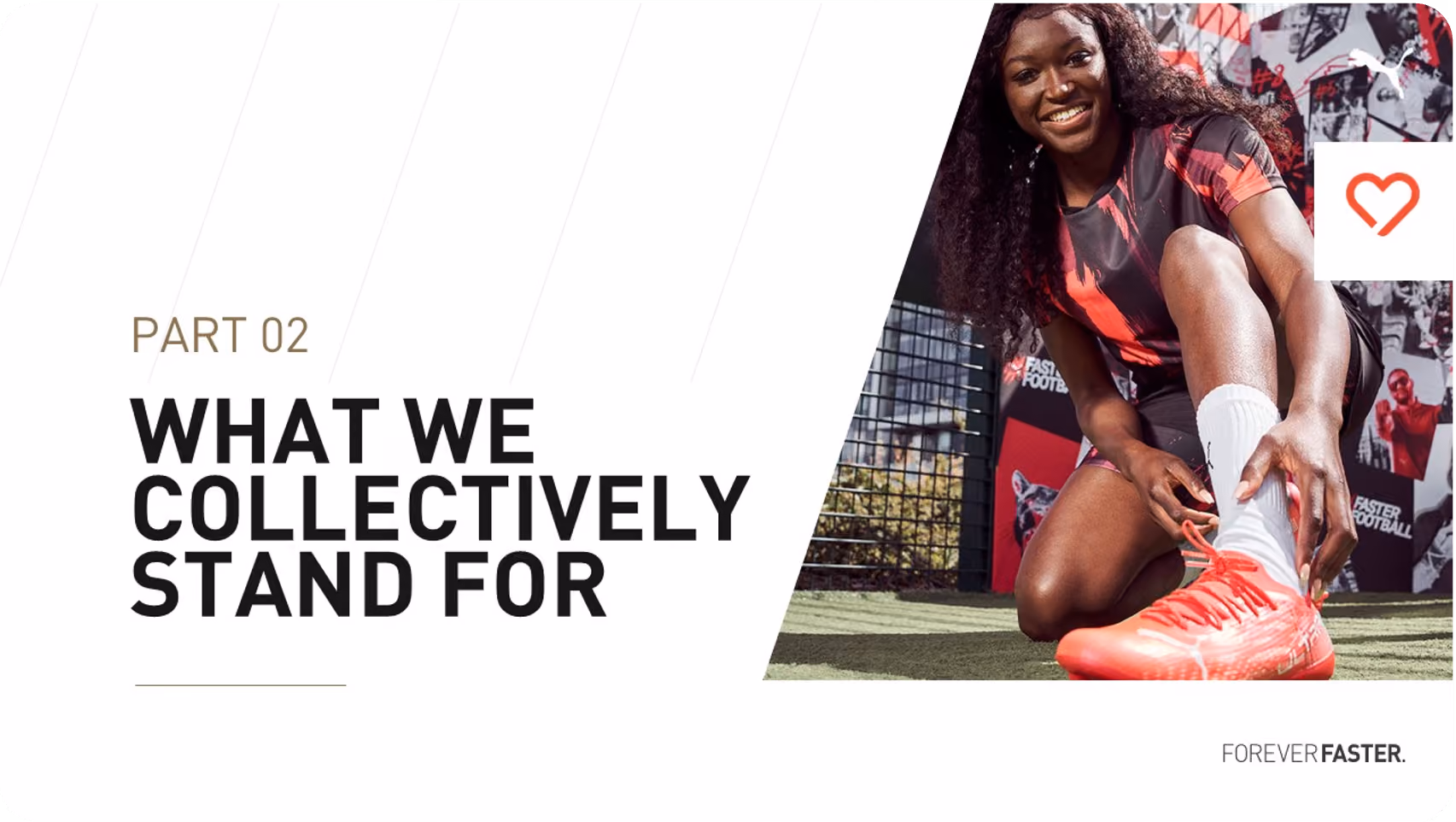 Smiling woman tying bright orange cleats on turf with text 'What We Collectively Stand For' and 'Forever Faster'.