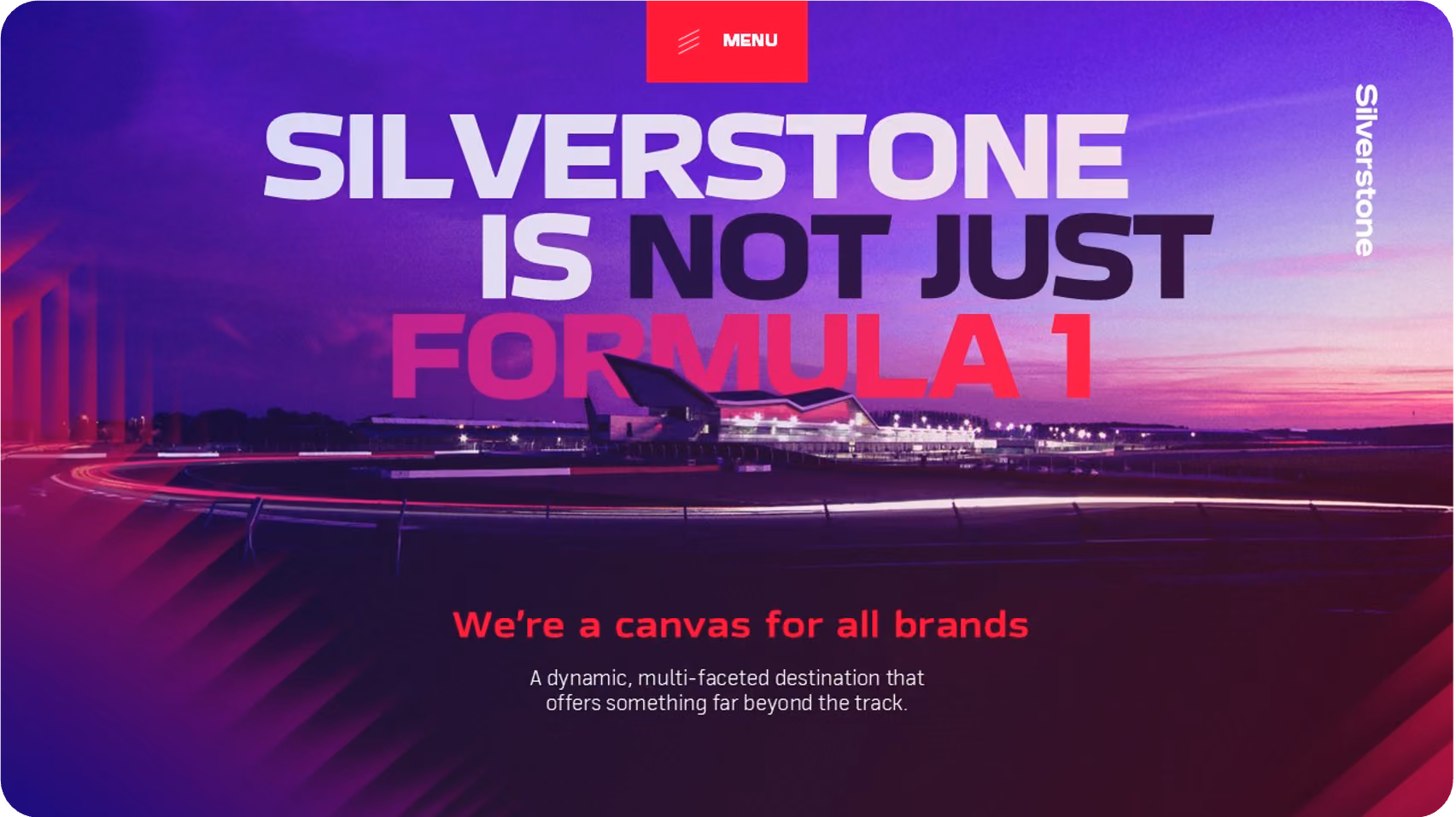 Silverstone race track at dusk with text about it being a dynamic brand destination beyond Formula 1.