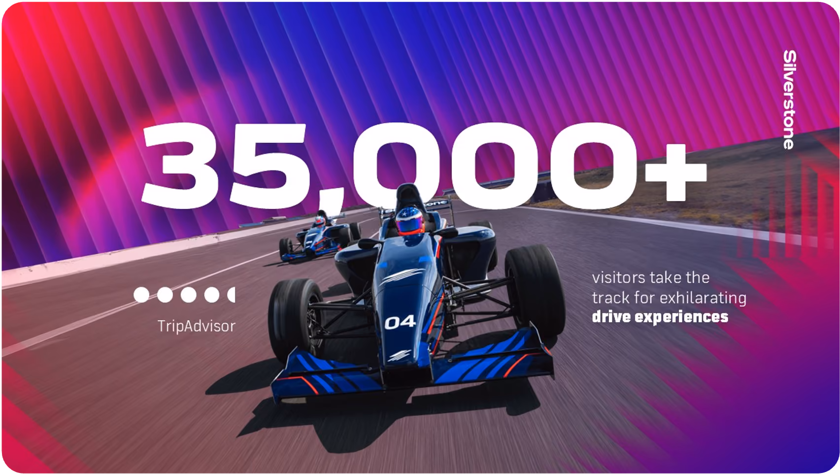 Two blue open-wheel race cars on a track with text highlighting 35,000+ visitors at Silverstone.