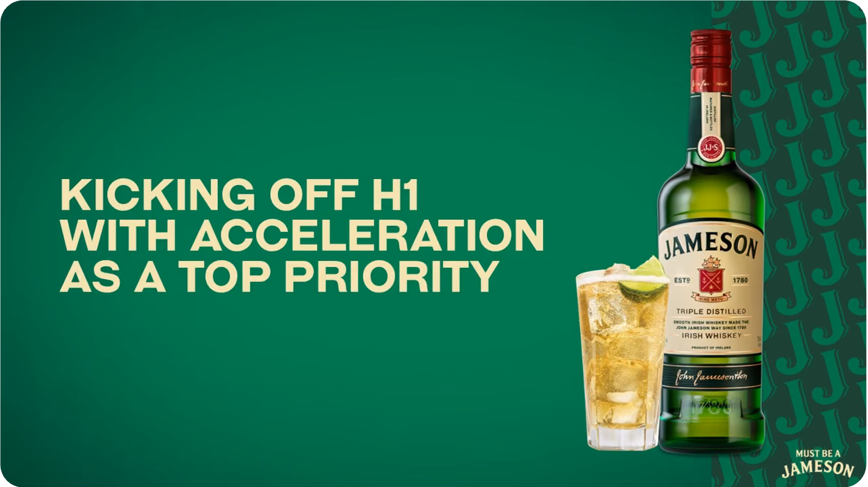 Green background with text and Jameson whiskey bottle next to a glass of whiskey with ice and lime.