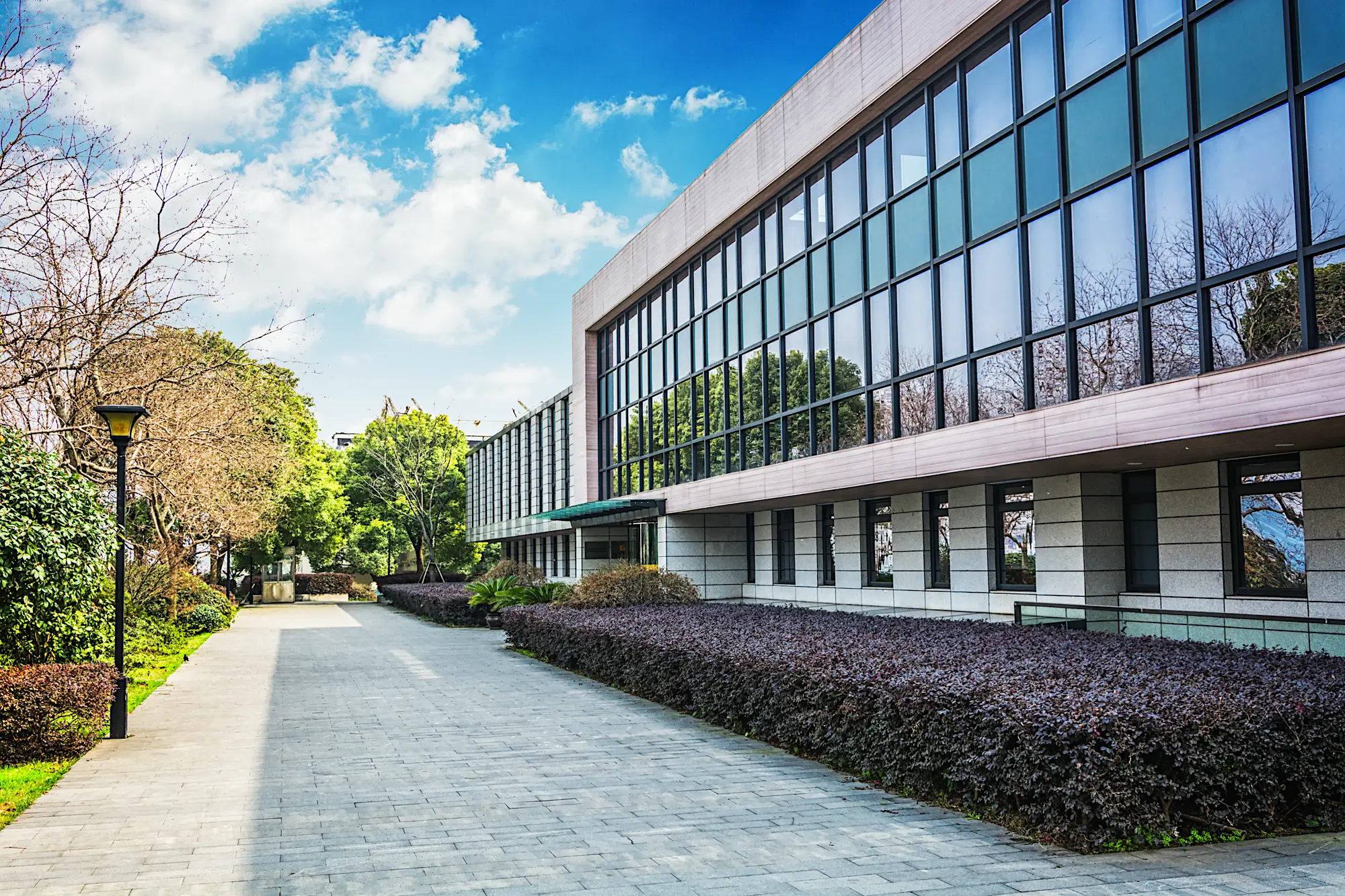 A modern glass-fronted office building beside a landscaped walkway