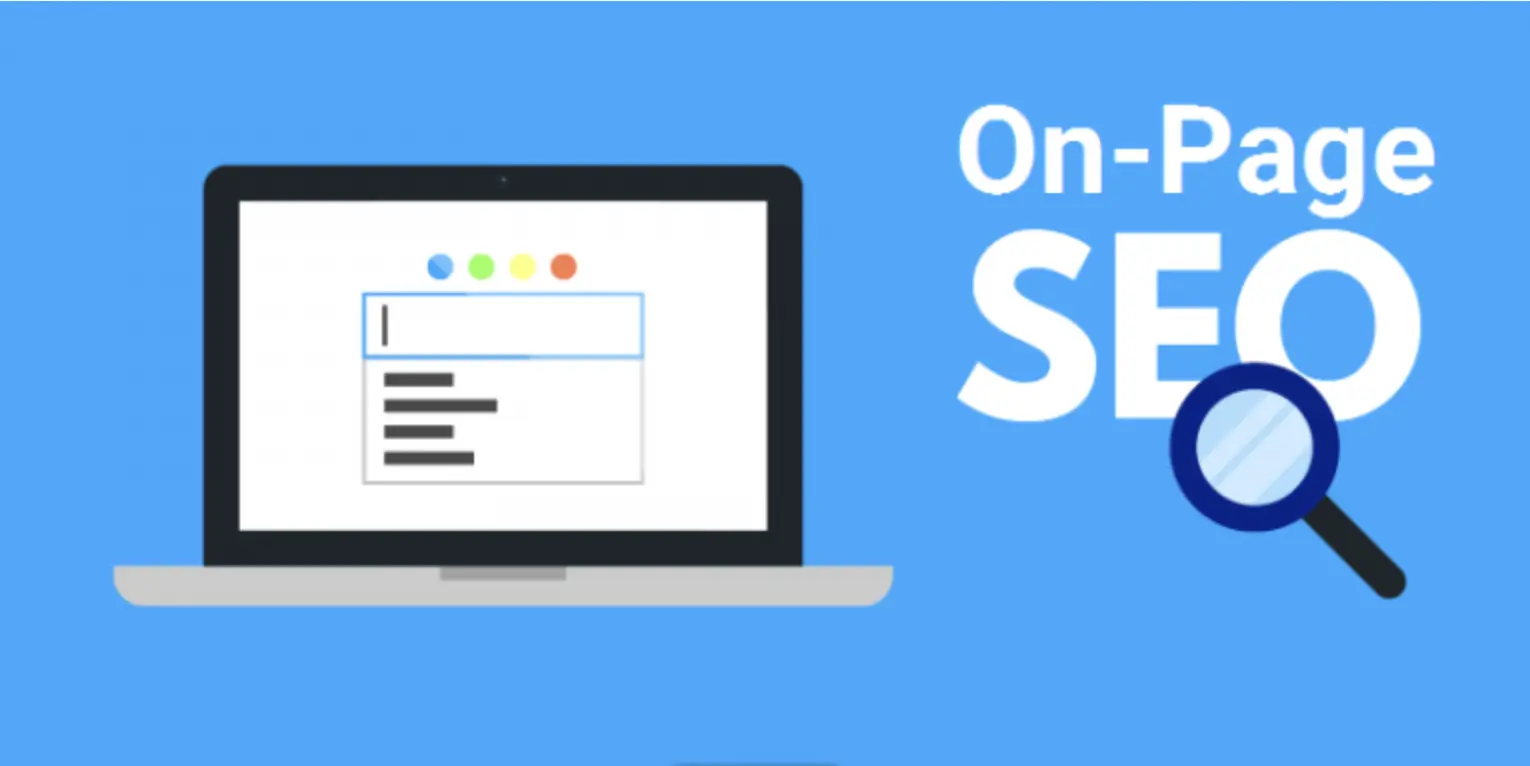 On-page SEO with a computer and magnifying glass