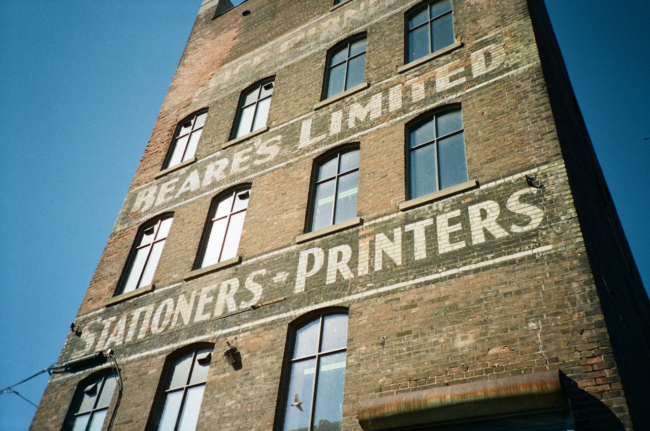 Old fashioned marketing with advertising on the side of the building