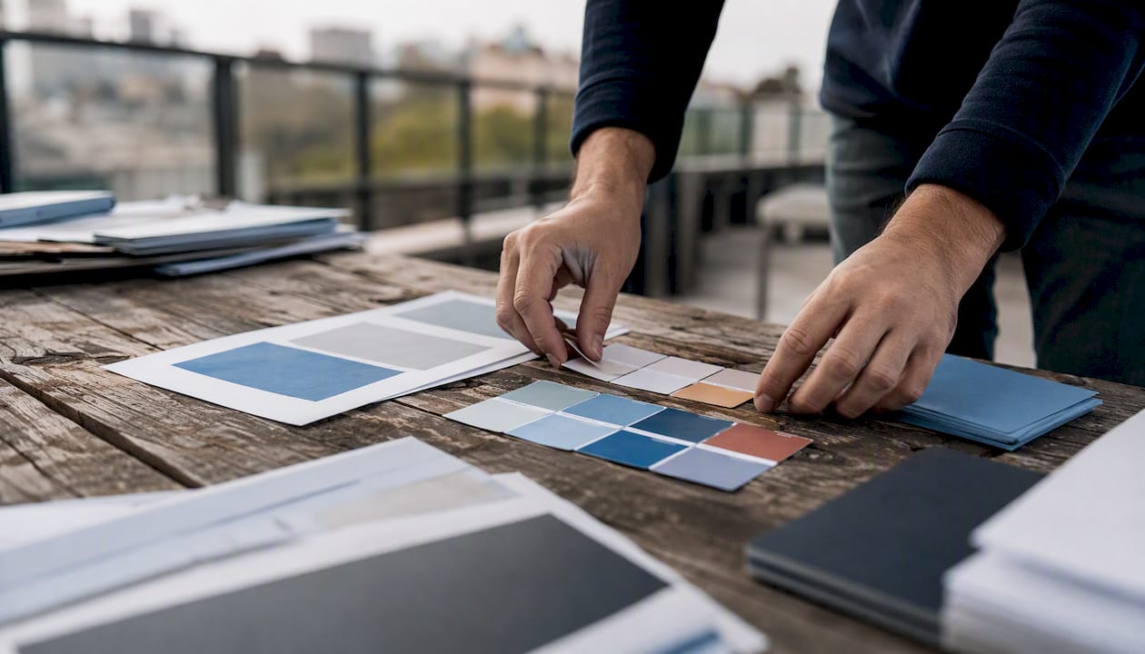 Hands adjusting marketing material samples