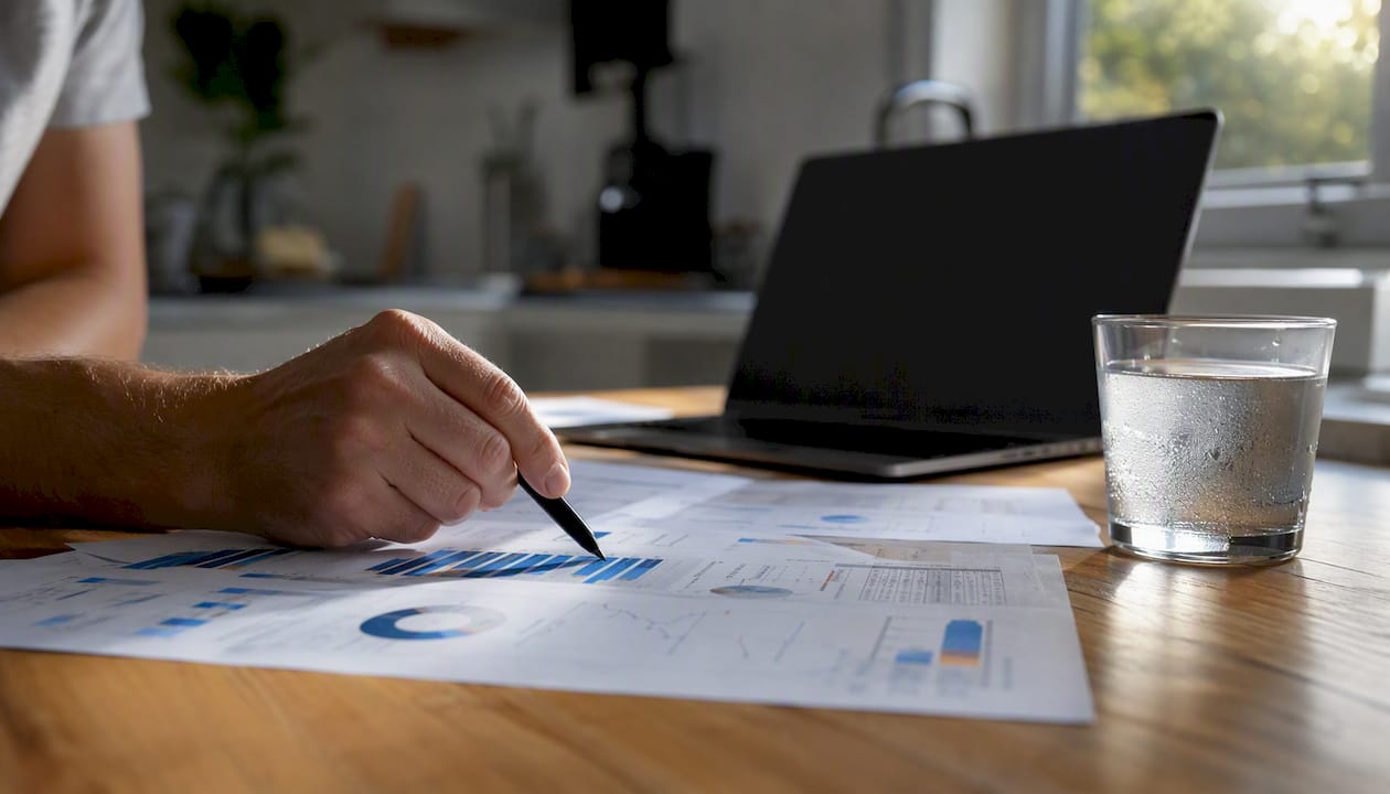 Hand pointing at printed marketing data chart