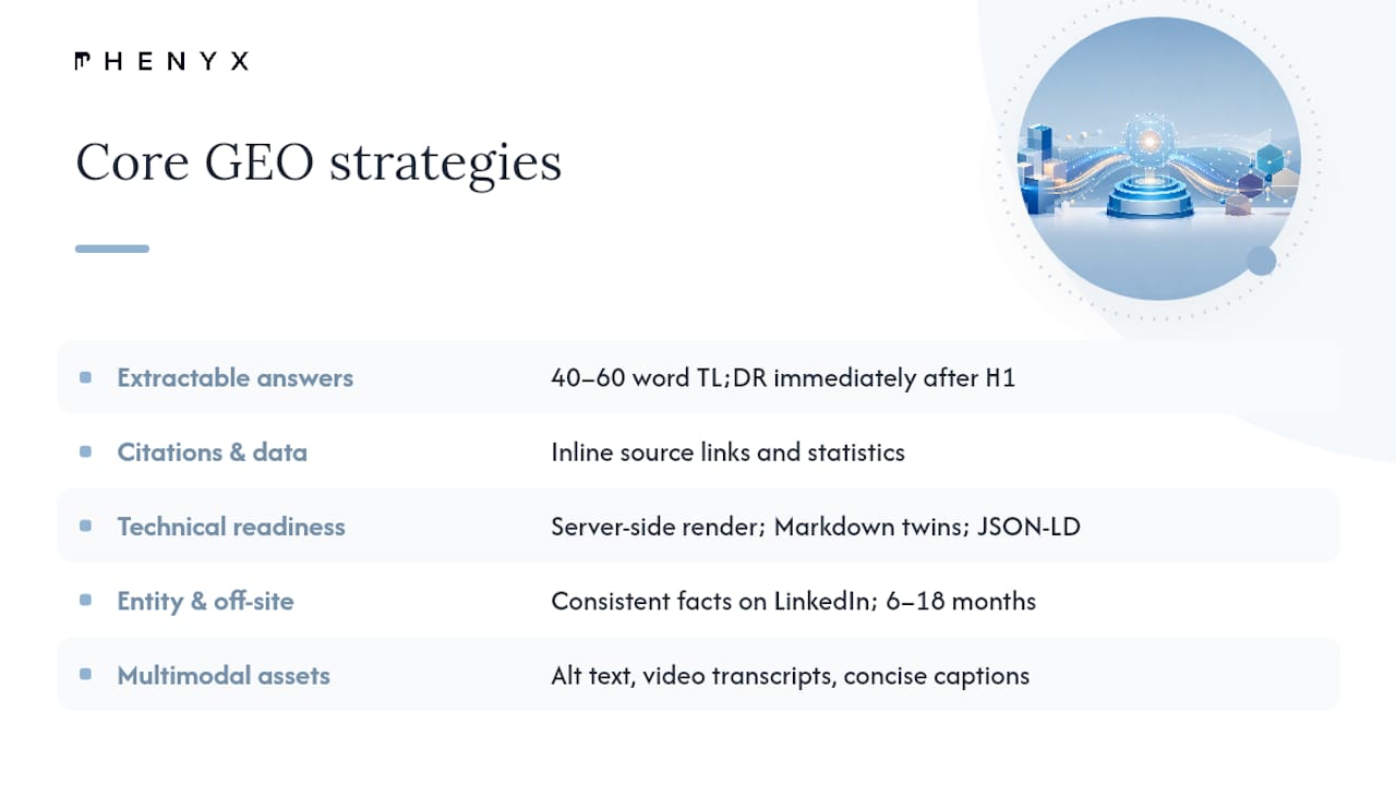 Diagram of core GEO marketing strategies