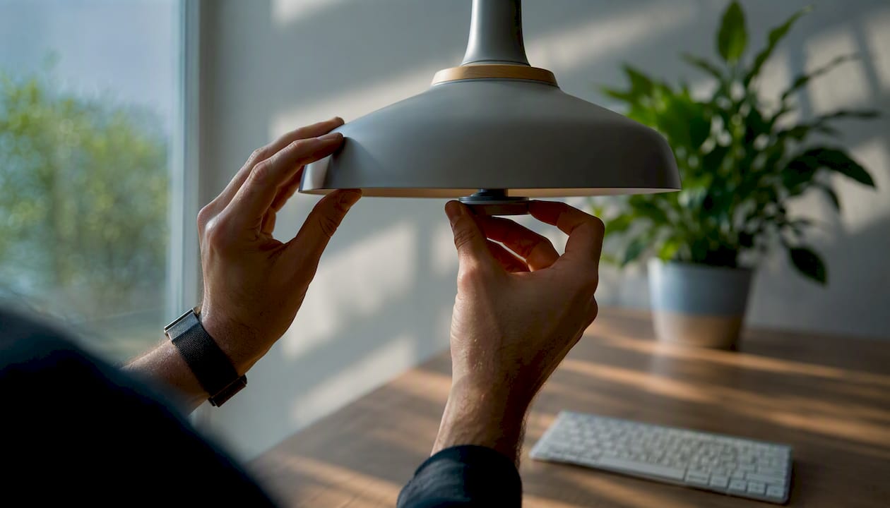 Hands adjusting dial on lamp at desk