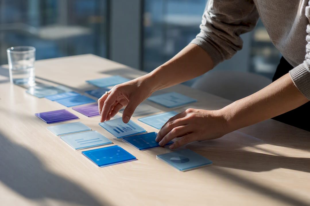 Hands arranging glass KPI tiles on black desk