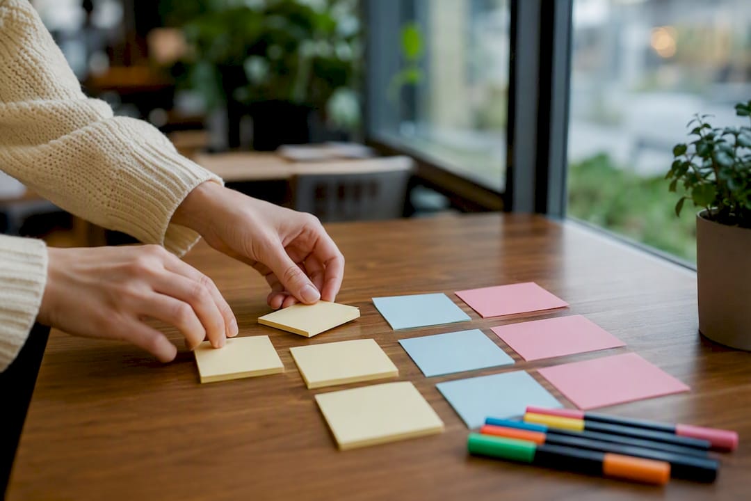 Hands arranging sticky notes for video ideas