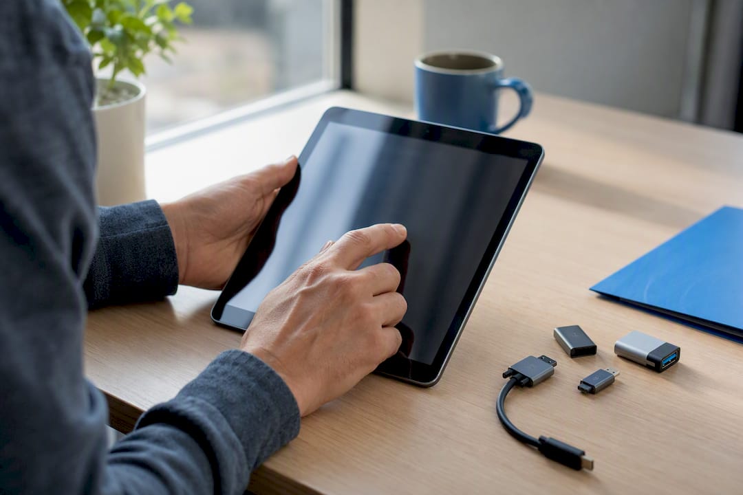 Hands managing plugin-related hardware on desk