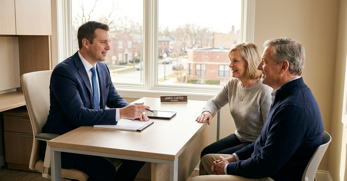 A financial advisor talking with an older couple across a desk in a sunlit office
