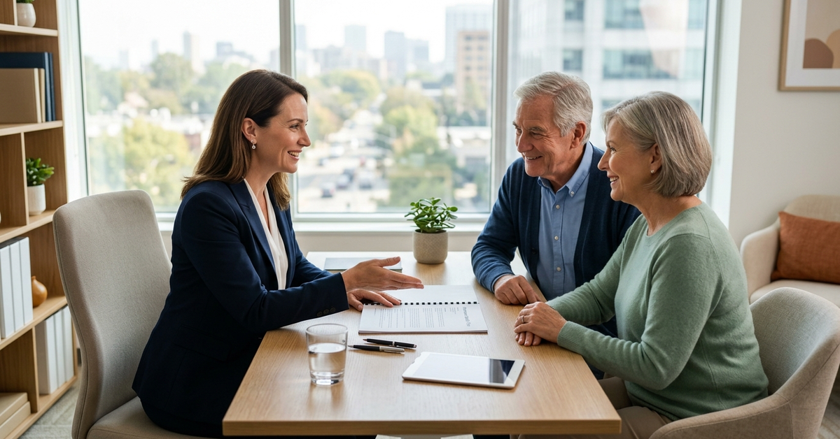 An advisor and an older couple in conversation at a conference table beside a window