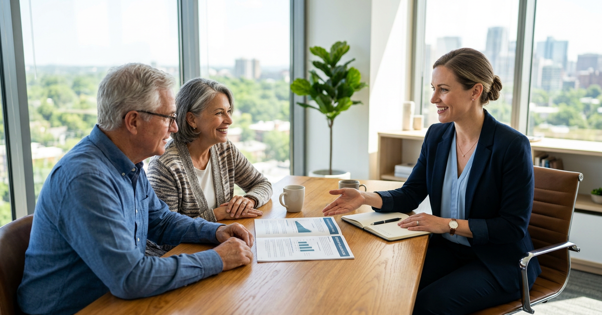 An advisor reviewing a printed plan with an older couple at a wooden table in a bright office