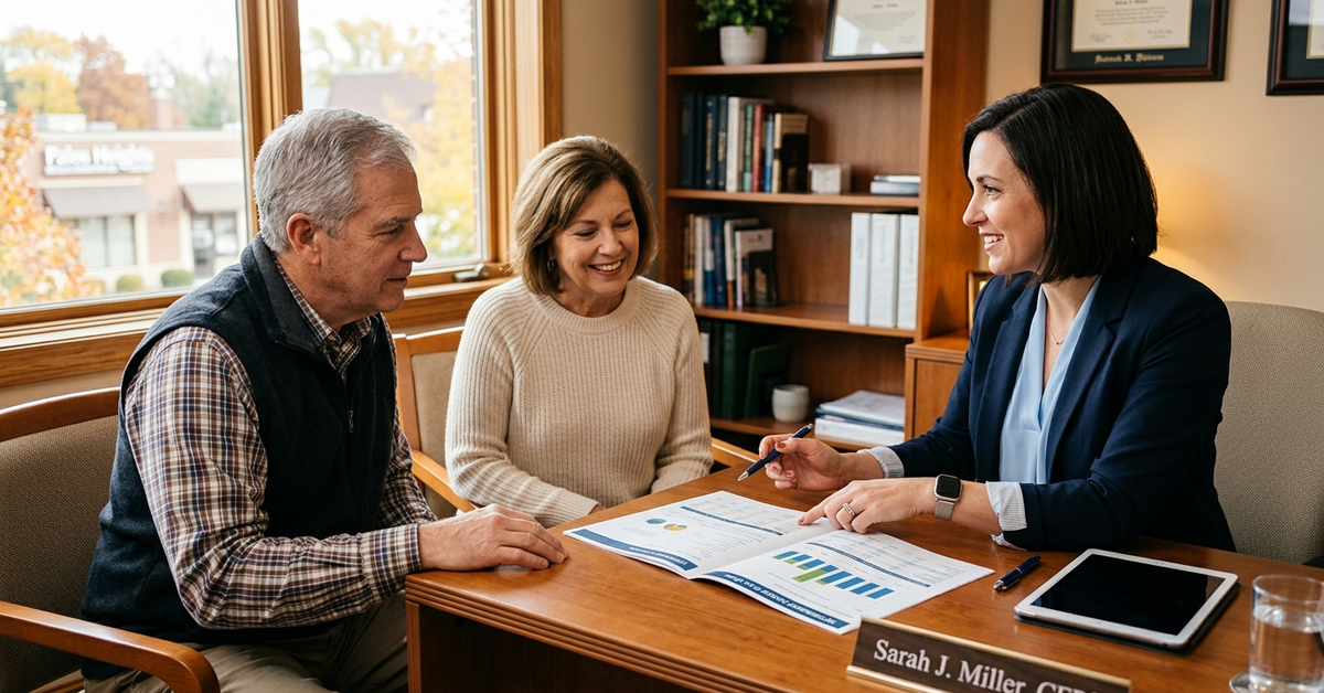 An advisor and an older couple reviewing printed charts together across a desk in a suburban office