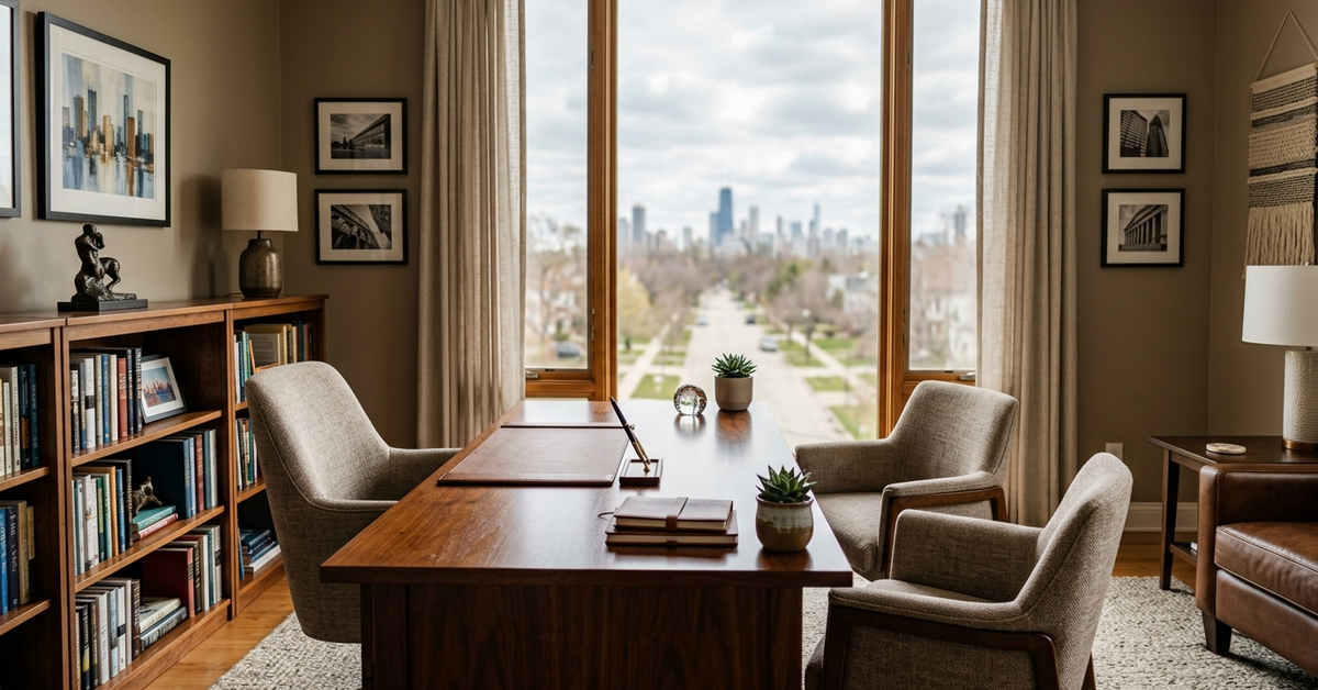 An empty advisory office with a wooden conference table, bookshelves, and a wide window looking toward the Chicago skyline