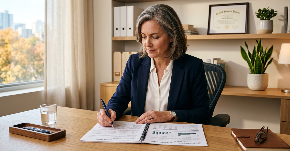 An advisor in a navy blazer writing in a binder at a desk beside printed charts and a framed certificate
