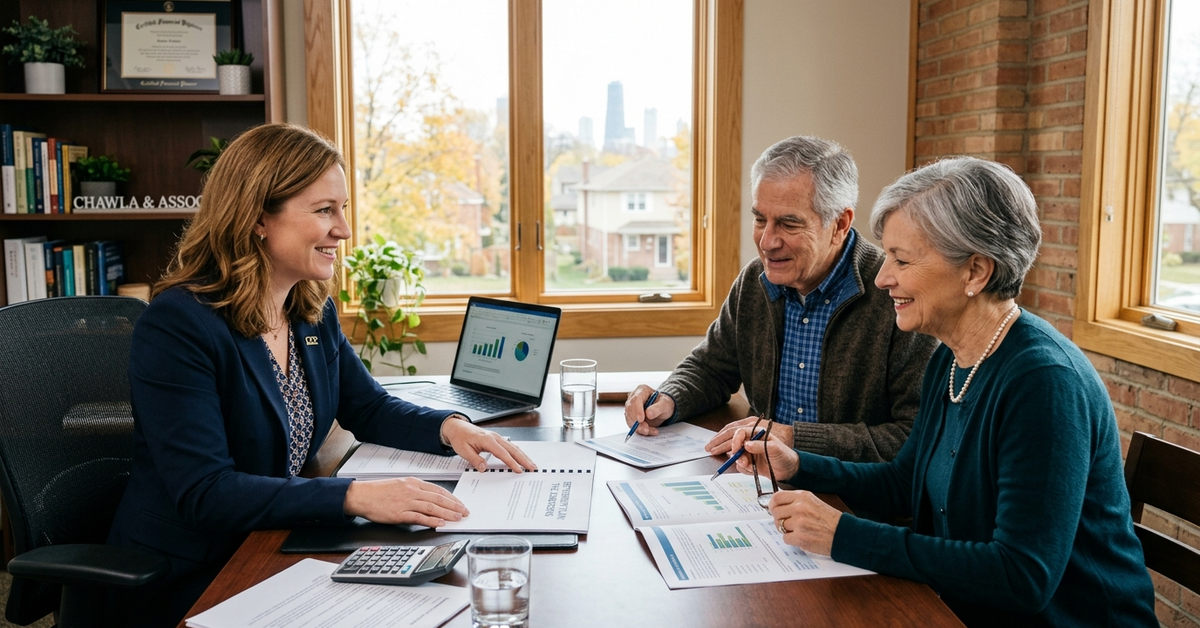 An advisor reviewing printed charts and a laptop with an older couple at a table in a sunlit office
