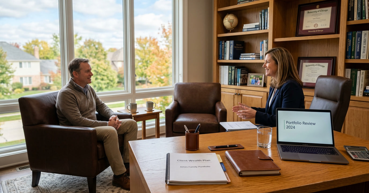 An advisor and a client seated in armchairs beside a bookshelf, with a laptop and a printed plan on the table between them