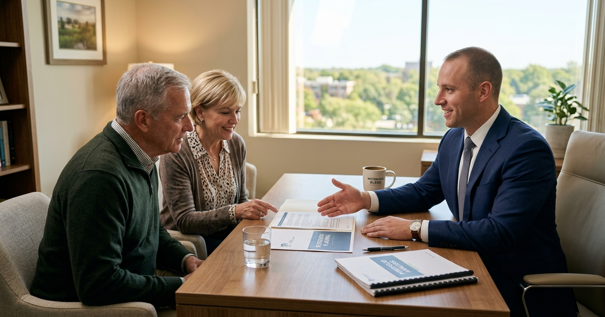 An advisor gesturing toward printed documents across a conference table from an older couple, with a suburban view through the window