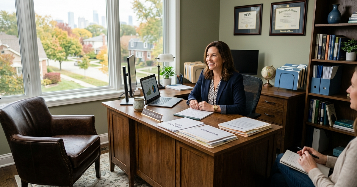 An advisor seated at a desk in a home office talking with a client, framed certificates on the wall behind