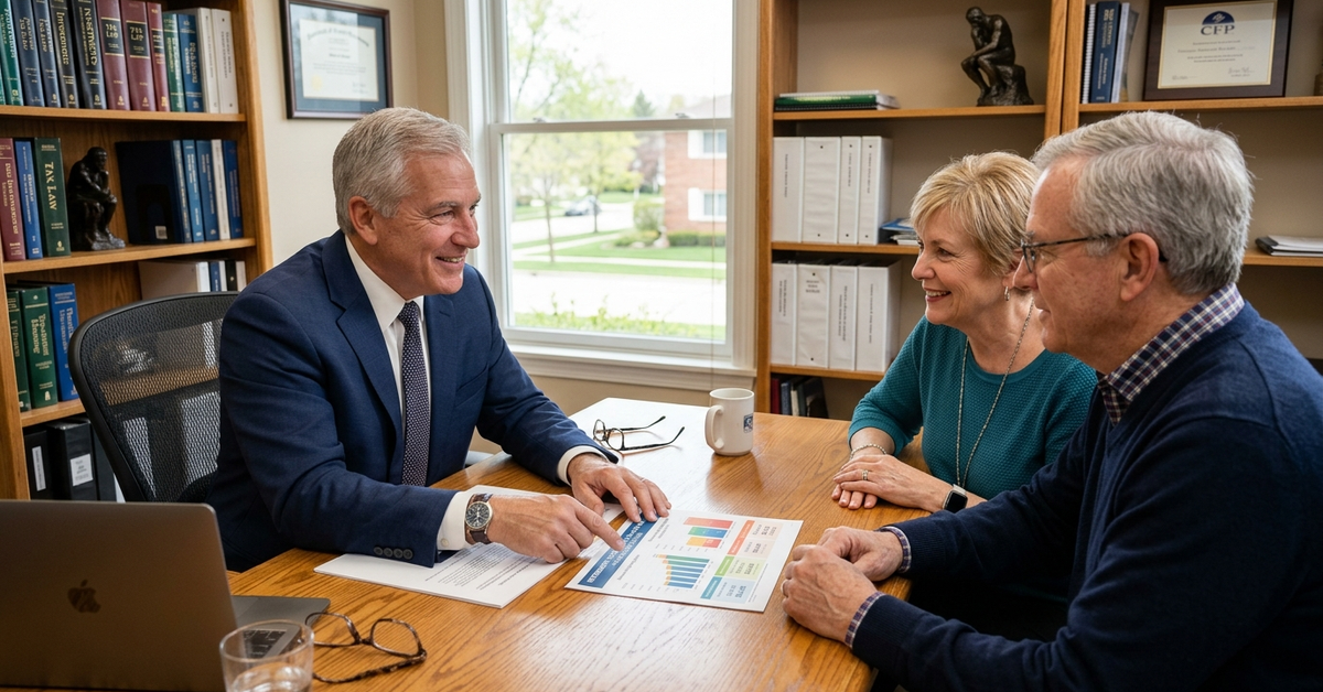 An advisor in a navy suit gesturing toward a printed report while an older couple listens across a wooden table