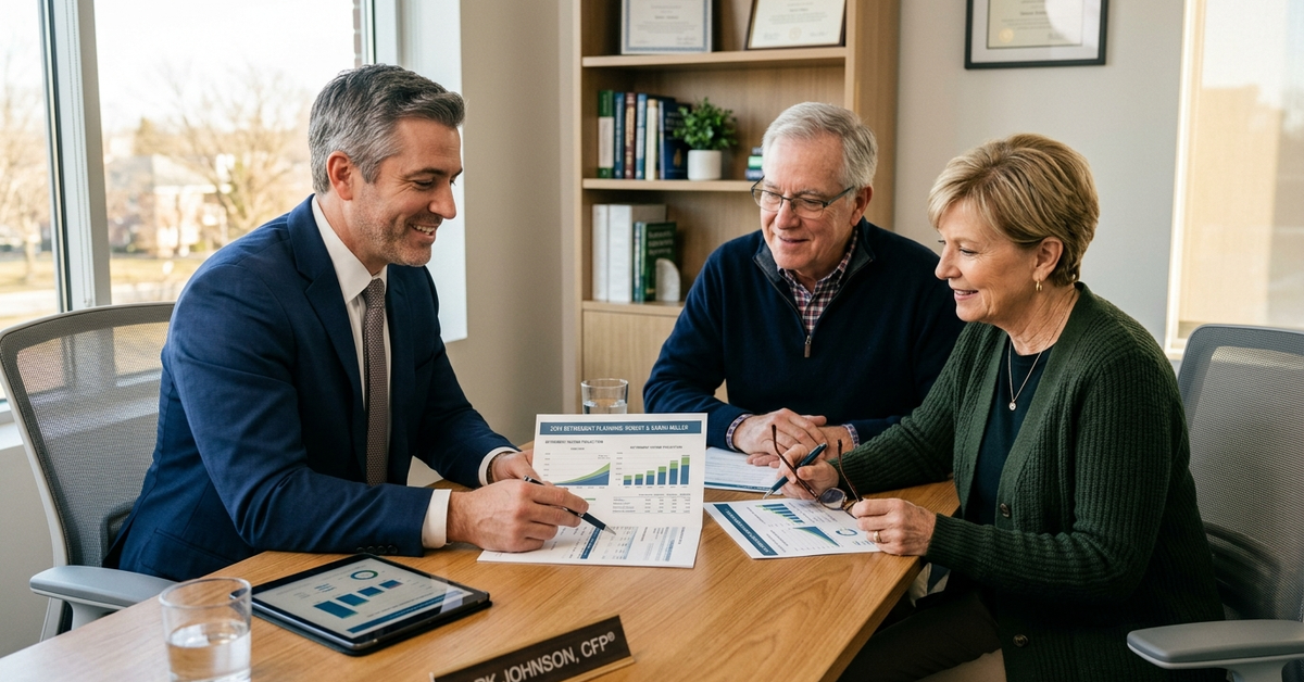 An advisor pointing to printed charts on a desk while talking with an older couple in an office