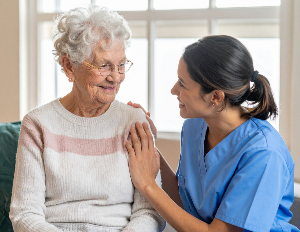A nurse with a reassuring hand on an older patient's shoulder