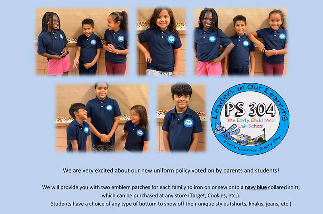 PS 304 students modeling the new navy blue collared shirt uniform