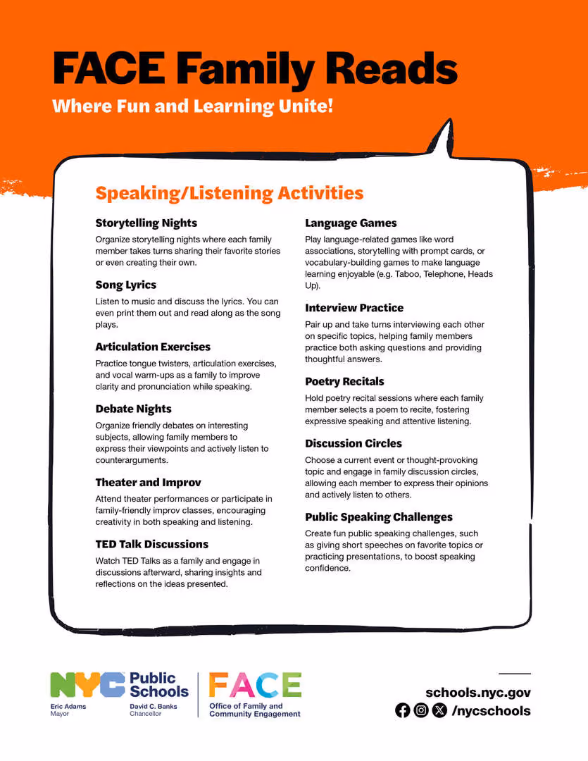 FACE Family Reads speaking and listening activities flyer from NYC Public Schools