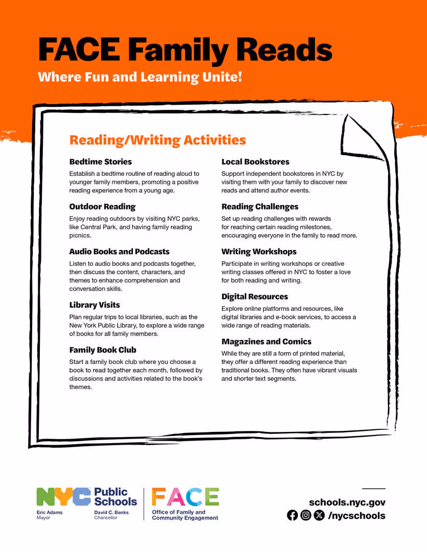 FACE Family Reads reading and writing activities flyer from NYC Public Schools