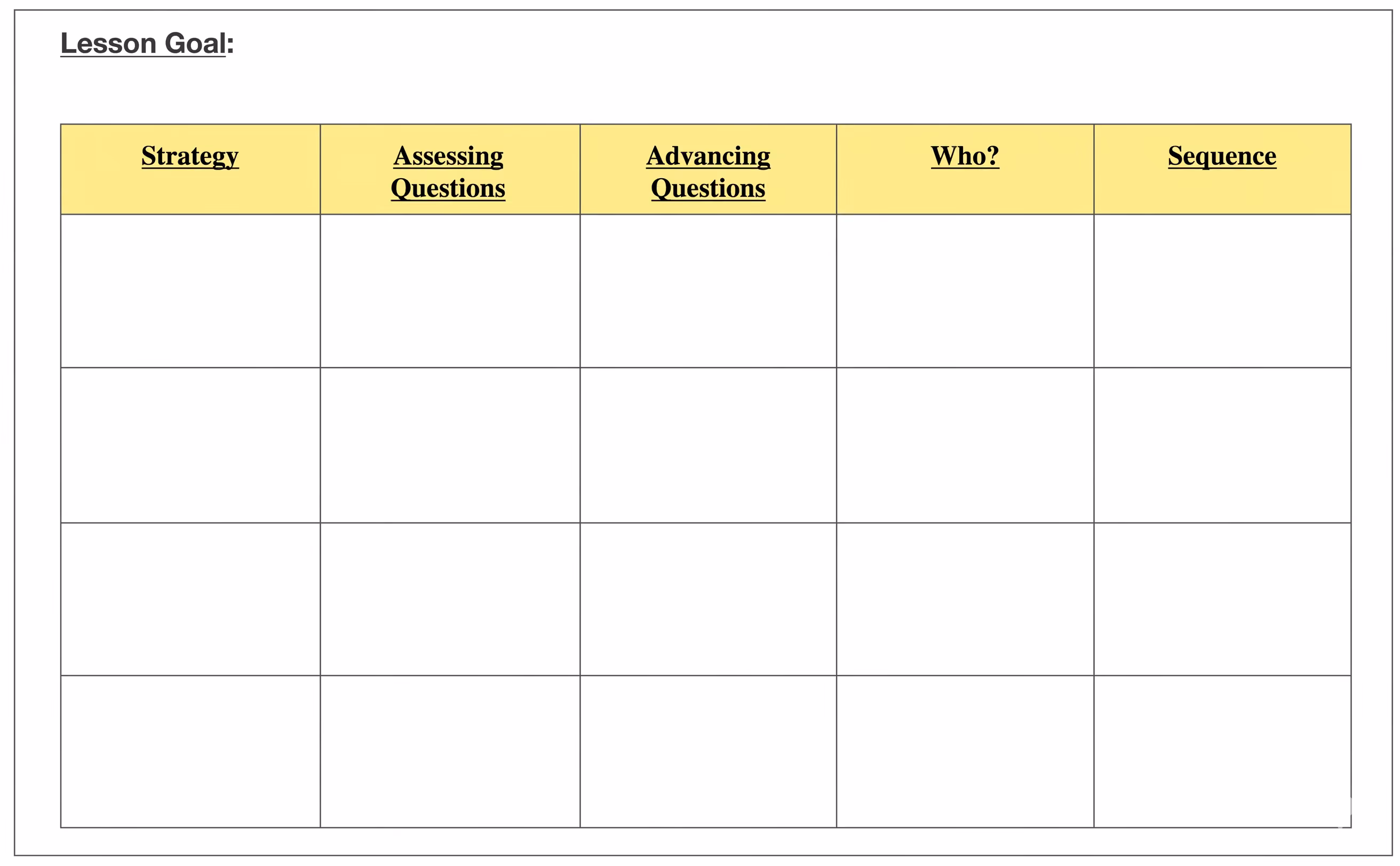Blank lesson goal planning template with five column headers