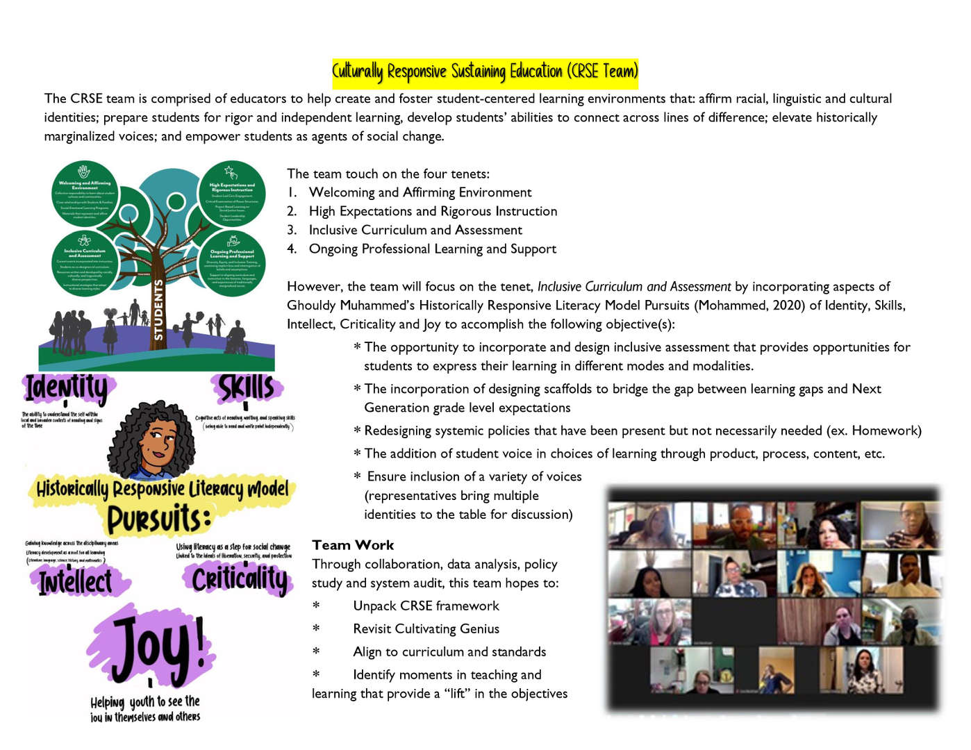 CRSE team overview with literacy model pursuits infographic and virtual meeting