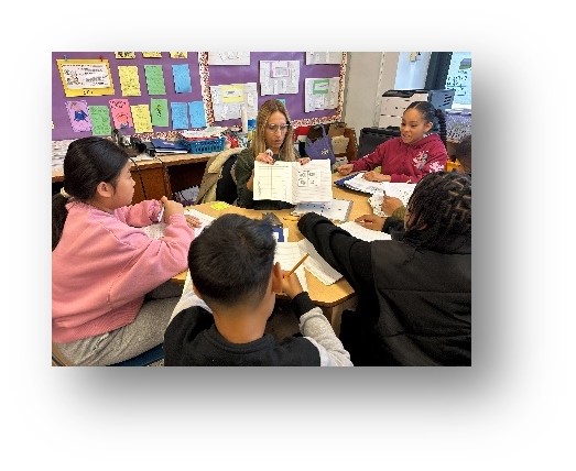 Teacher reading aloud to small group of students at classroom table