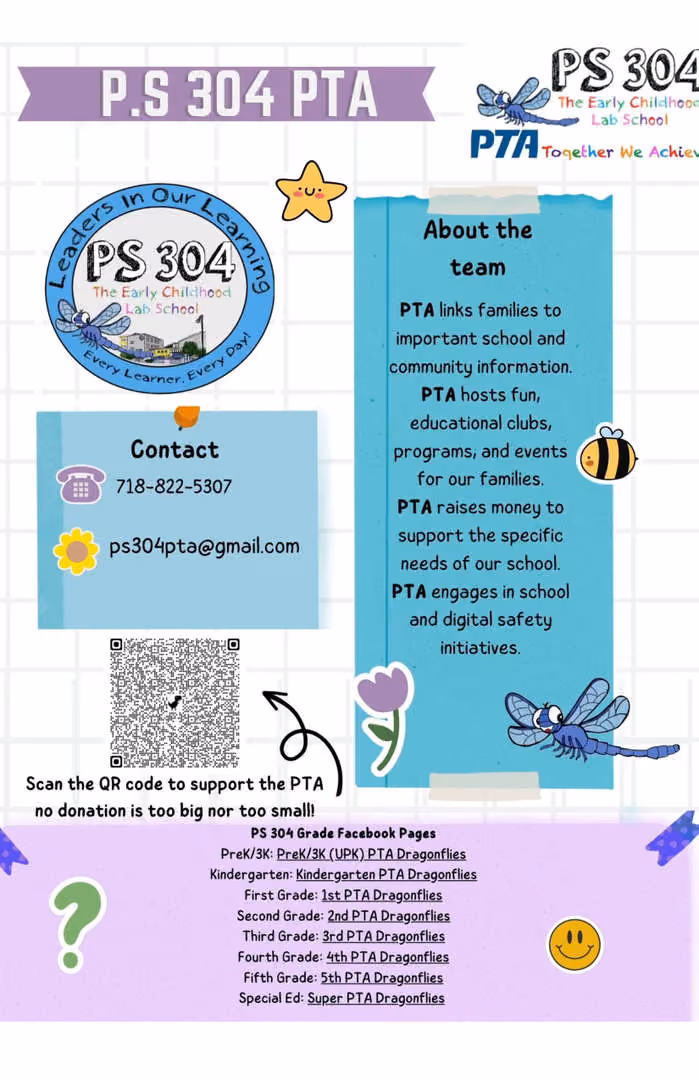 PS 304 PTA flyer with contact info and grade Facebook pages