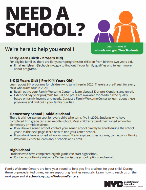 NYC DOE flyer explaining school enrollment options for families
