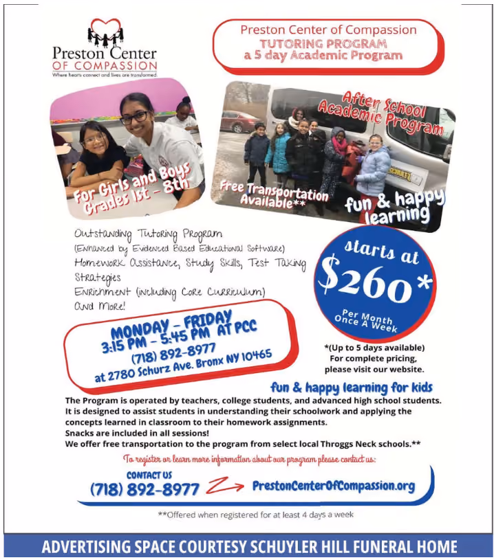Preston Center of Compassion after school tutoring program flyer for grades 1 through 8