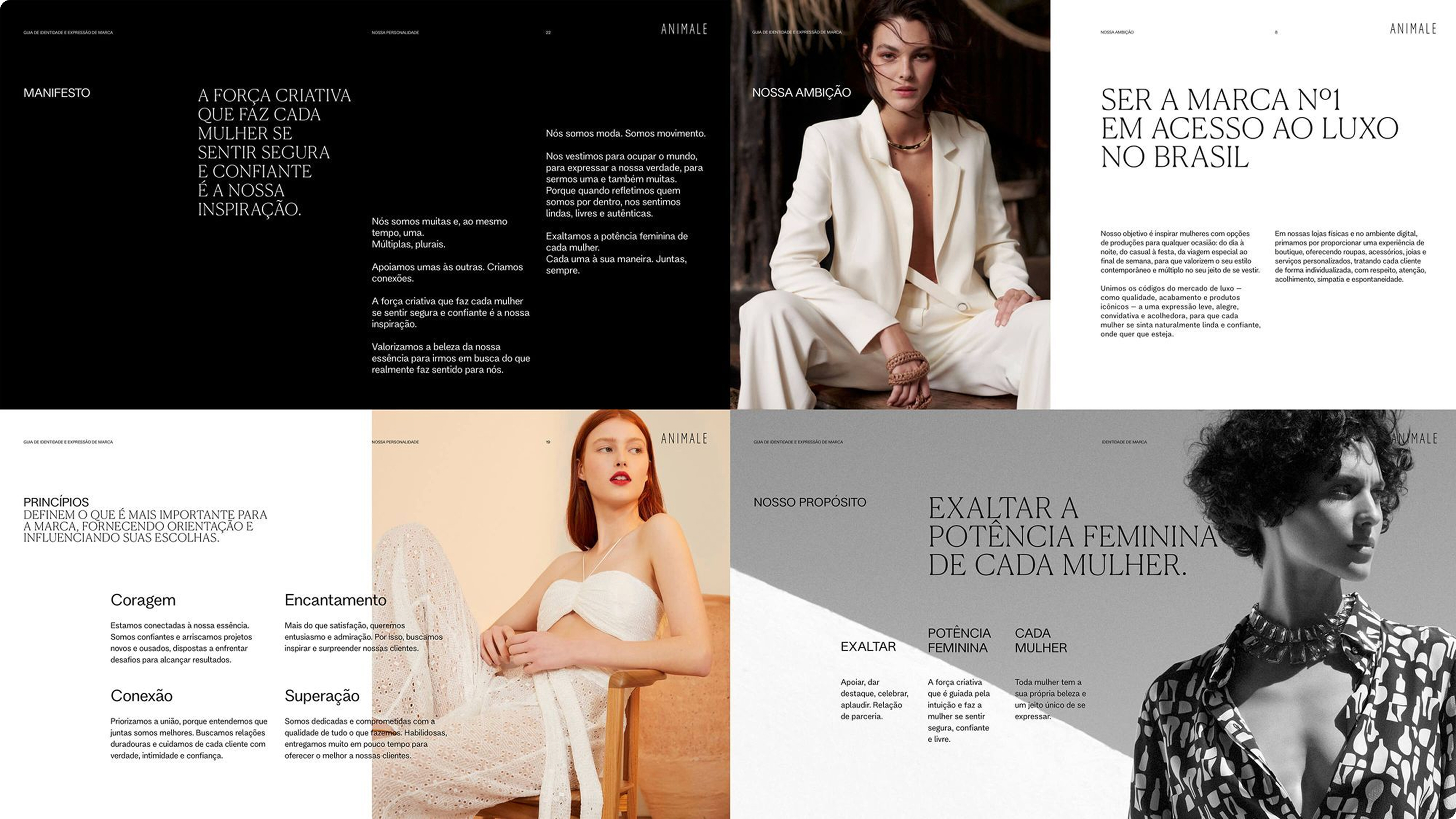 Páginas do guia Animale sobre posicionamento, com fotos de modelos e a frase Exaltar a potência feminina de cada mulher