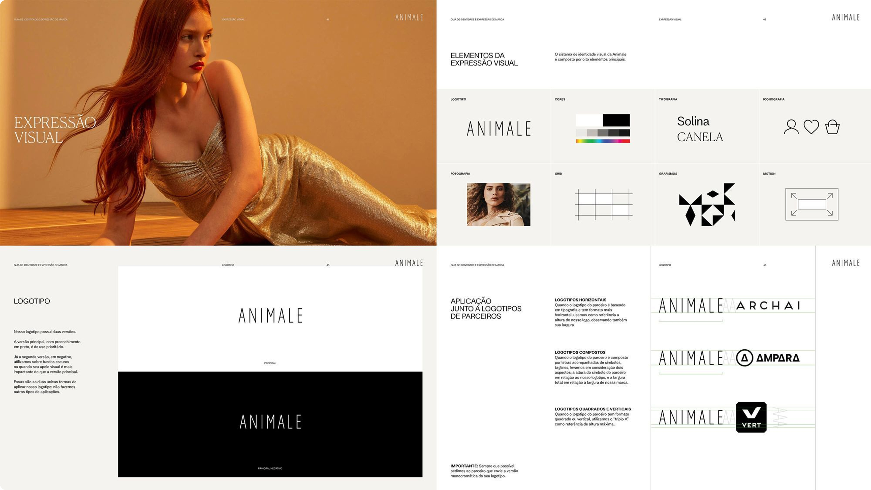 Páginas do guia Animale com versões do logotipo, paleta de cores e aplicações da assinatura
