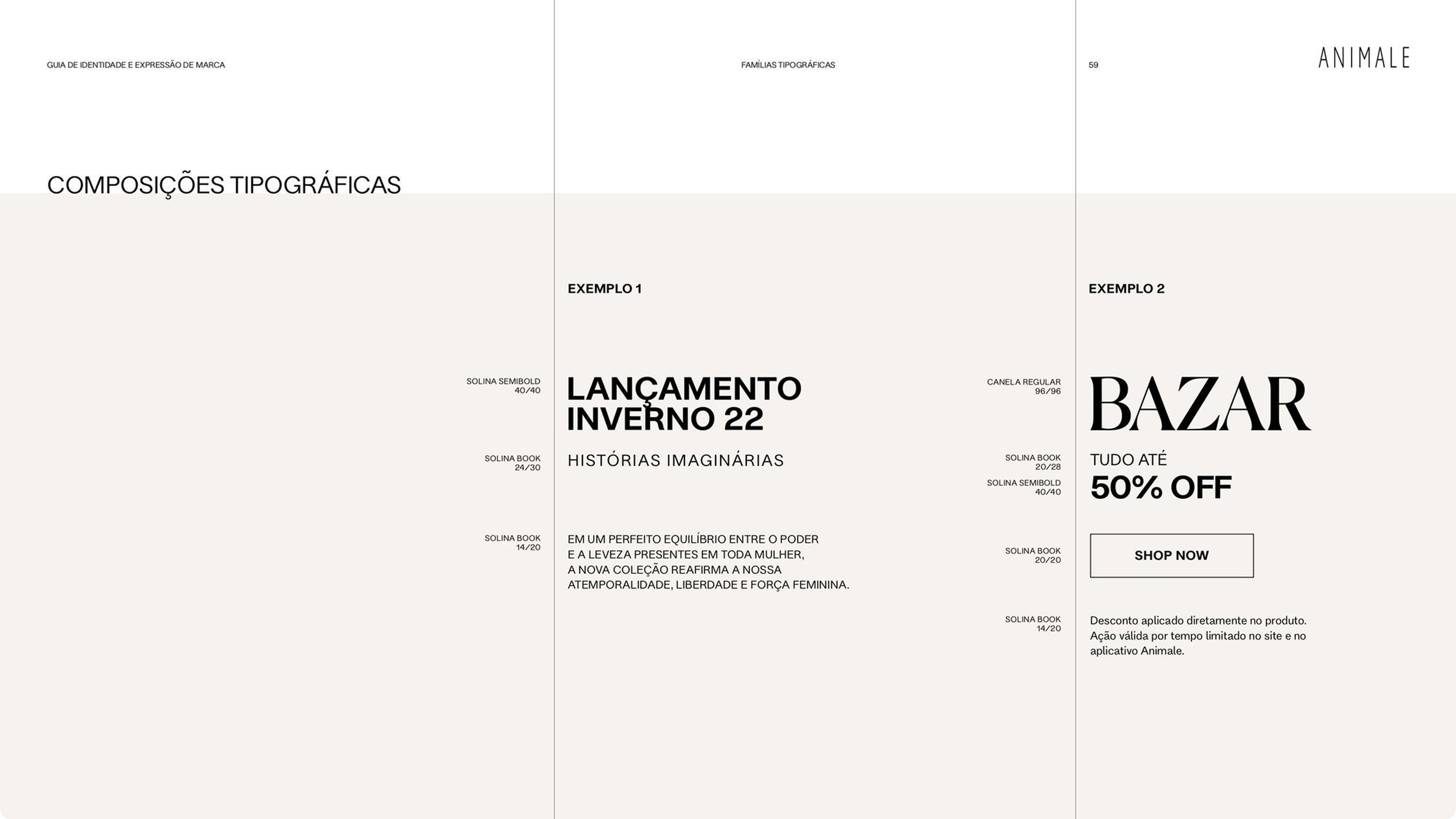 Página do guia Animale com exemplos de composição tipográfica para lançamento de coleção e bazar