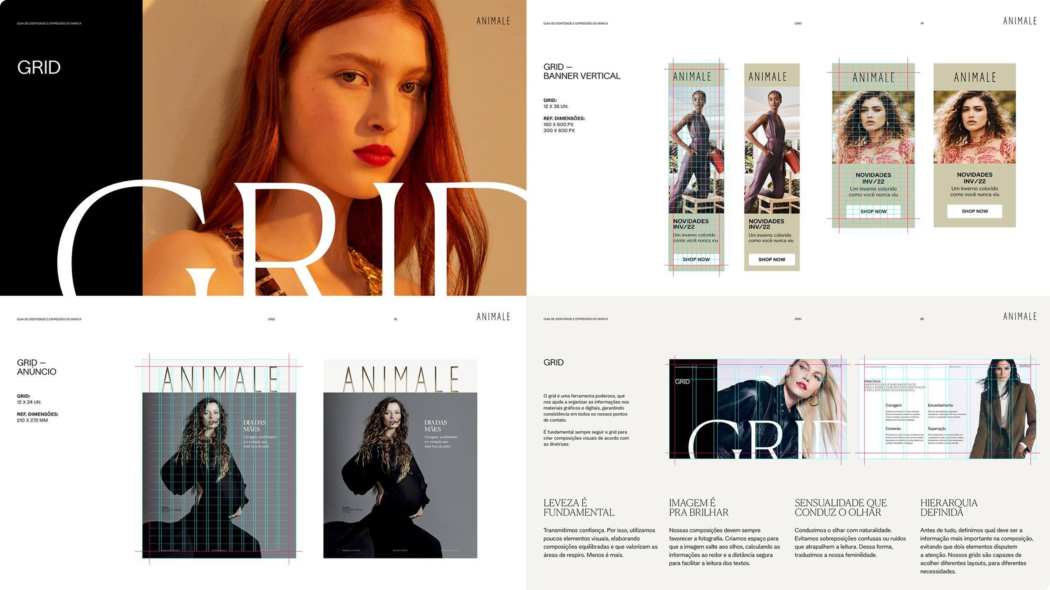 Páginas do guia Animale sobre grid, com exemplos de layout em banners e peças digitais