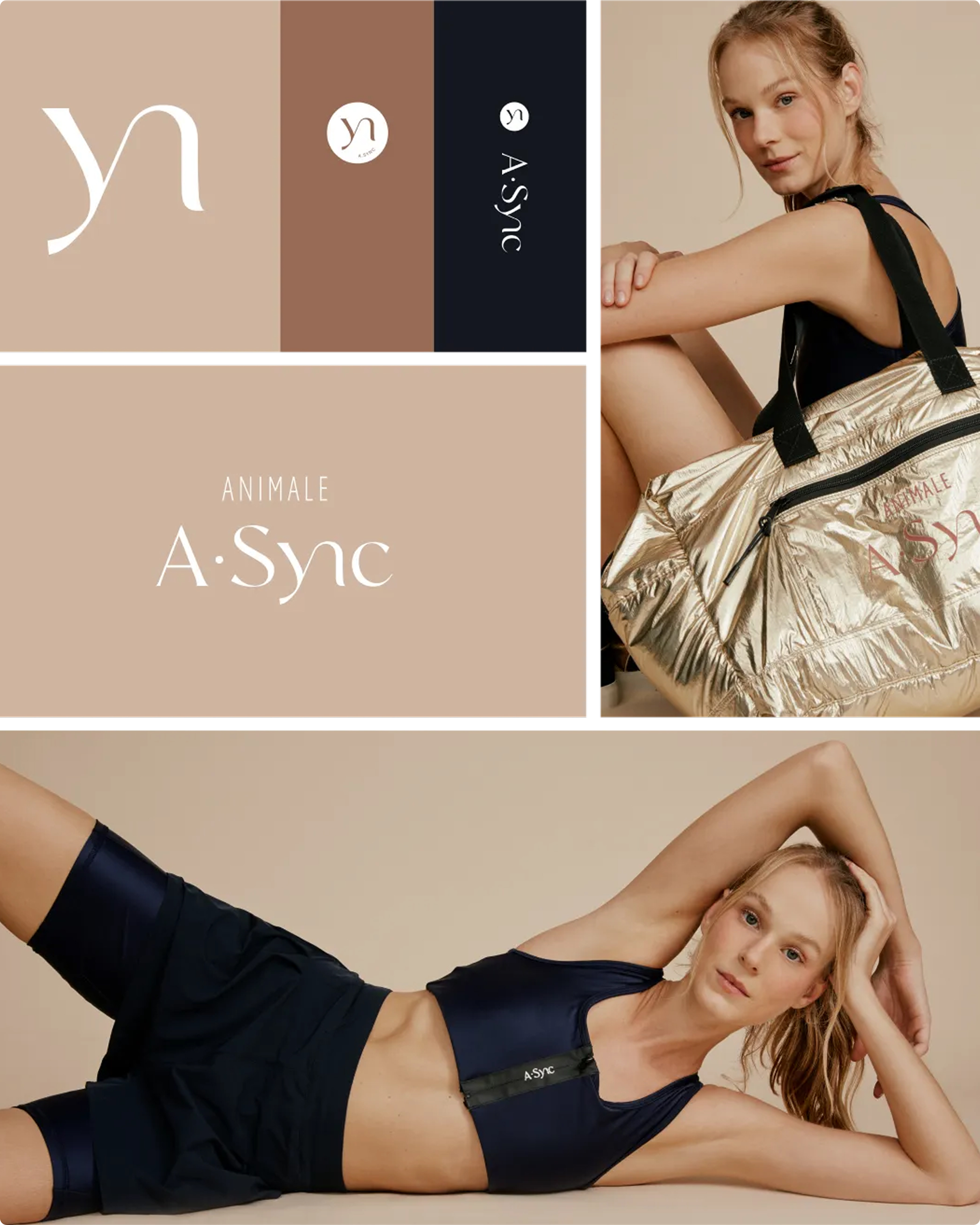 Aplicações da submarca A·Sync em tons de areia, com fotos de modelo em roupa esportiva