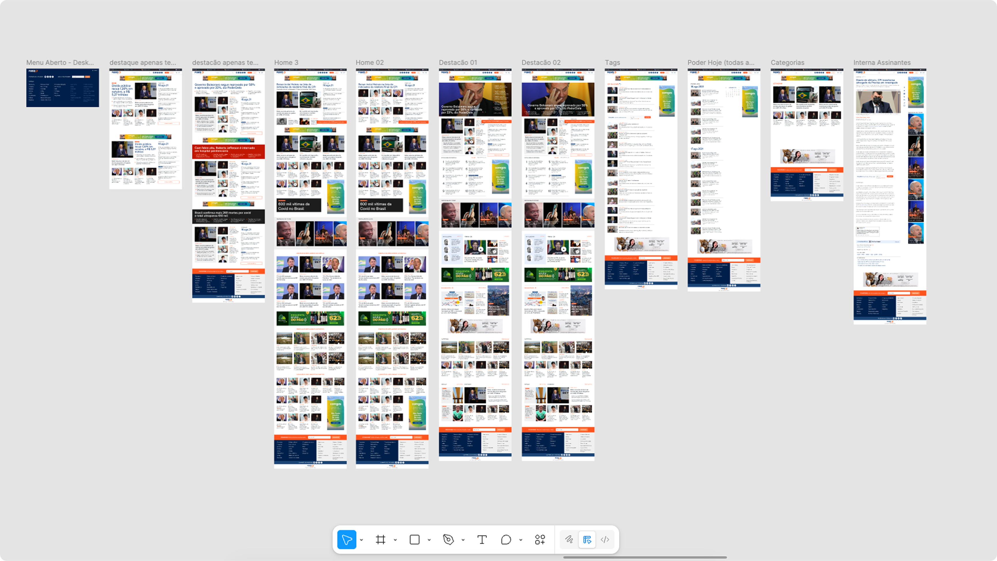 Mapa de telas do novo portal Poder360 no Figma, com páginas de home e editorias