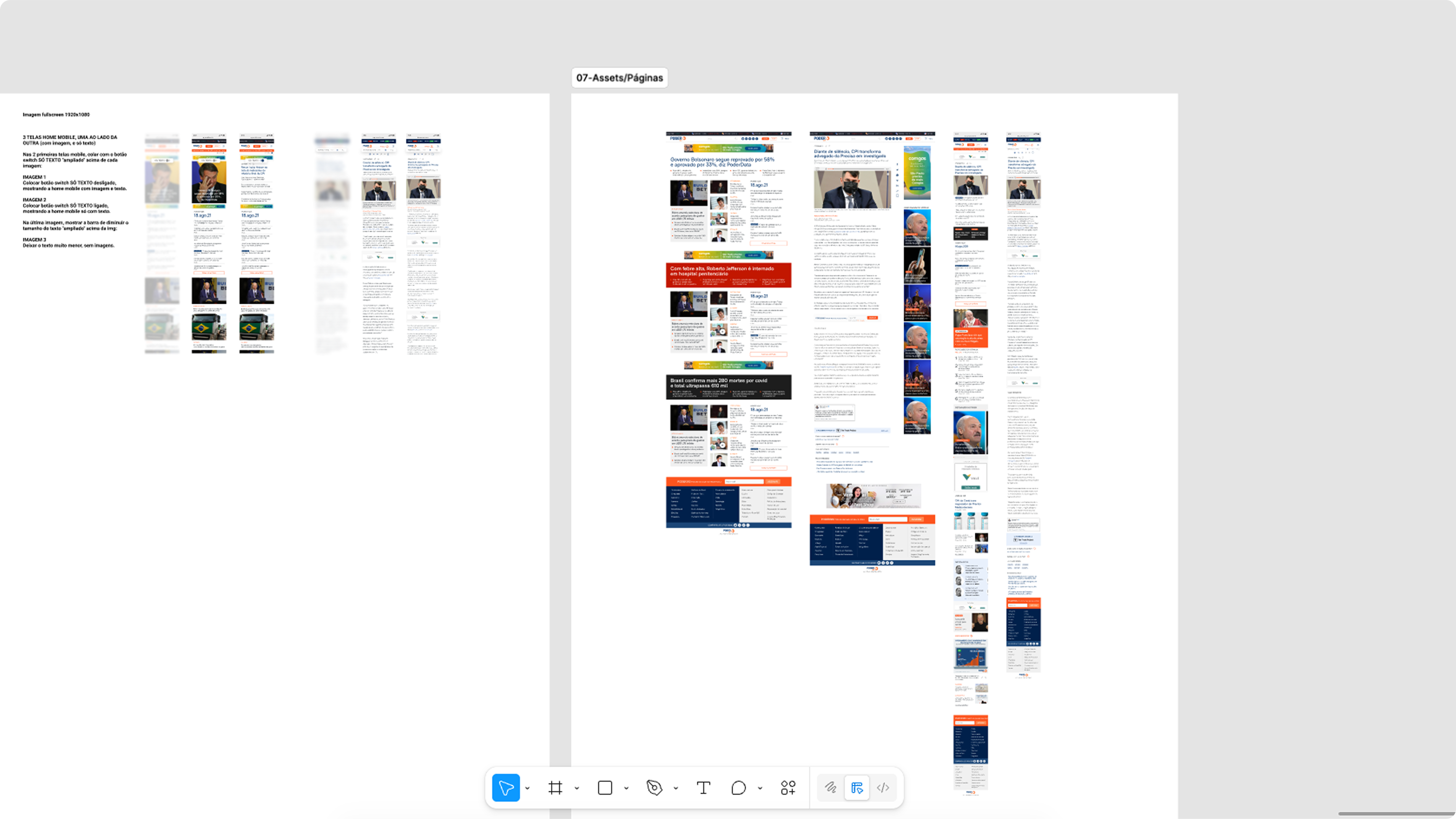 Wireframes do novo projeto editorial do Poder360, com estrutura de home e matéria